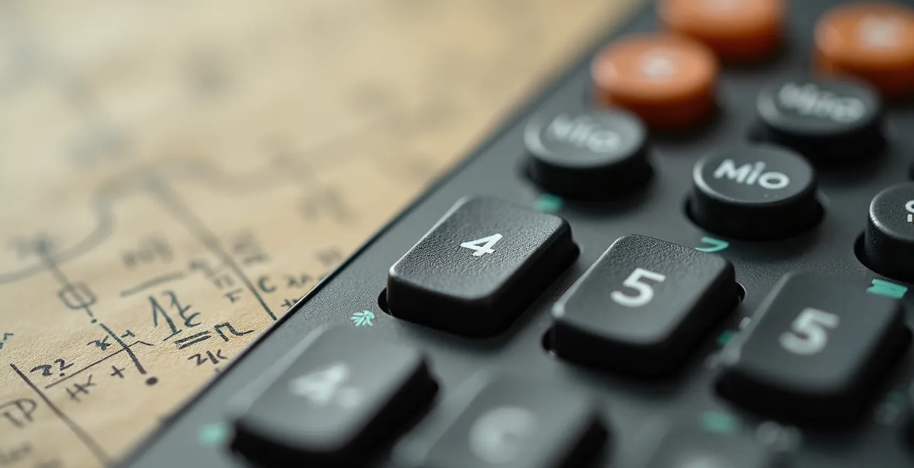 Vue macro d'une calculatrice scientifique avec papier montrant des formules mathématiques abstraites