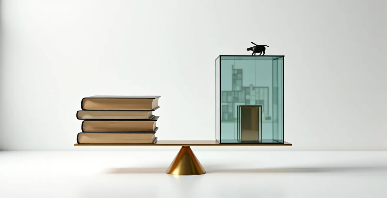 Graphique comparatif abstrait montrant deux chemins d'études avec symboles financiers