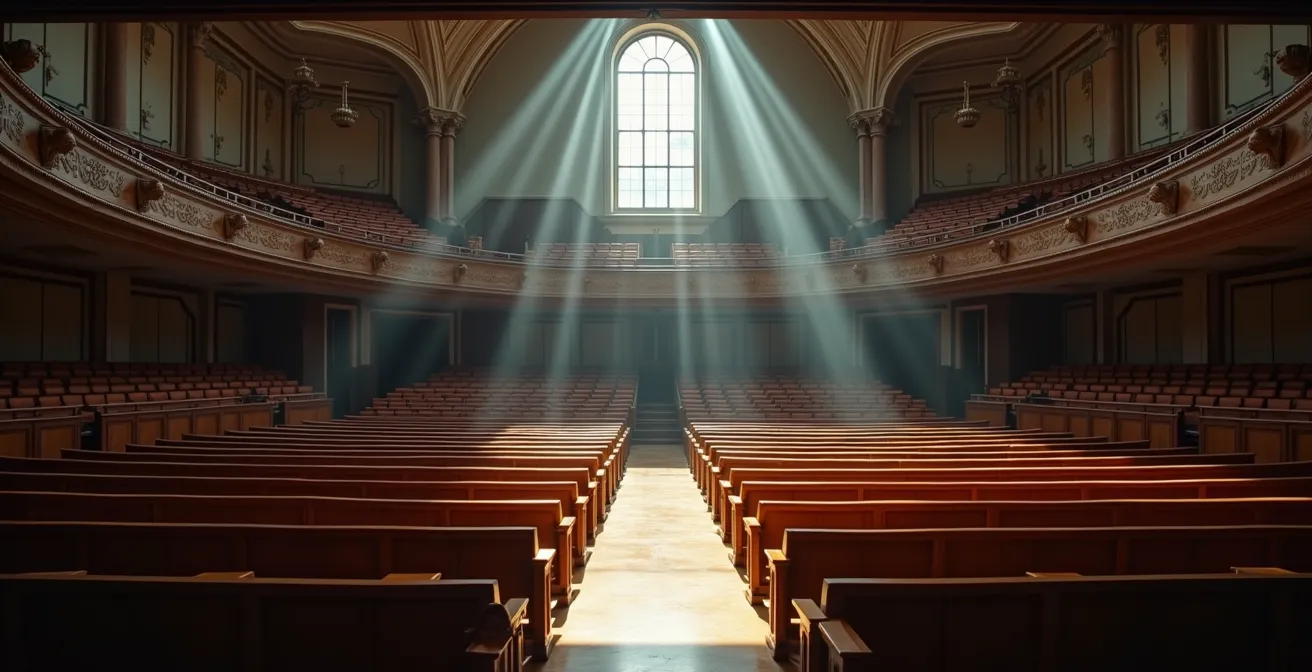 Vue grand angle d'un amphithéâtre d'école de commerce avec architecture classique