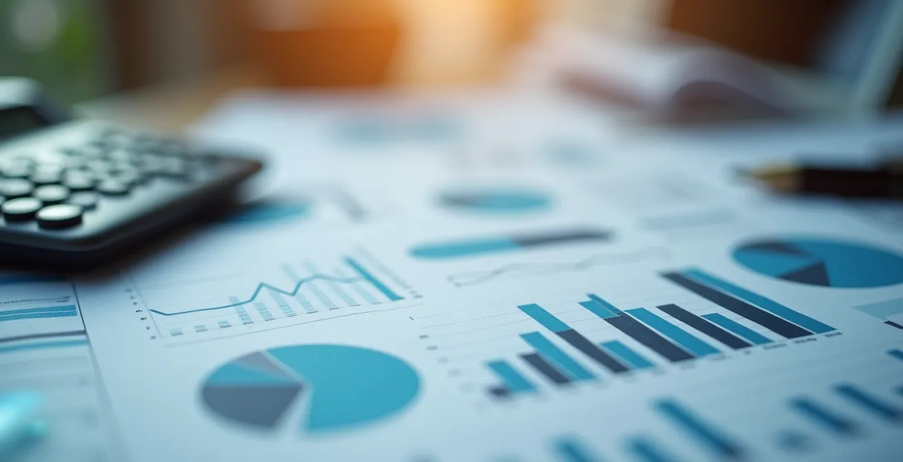 Vue macro de documents financiers avec calculatrice floue en arrière-plan