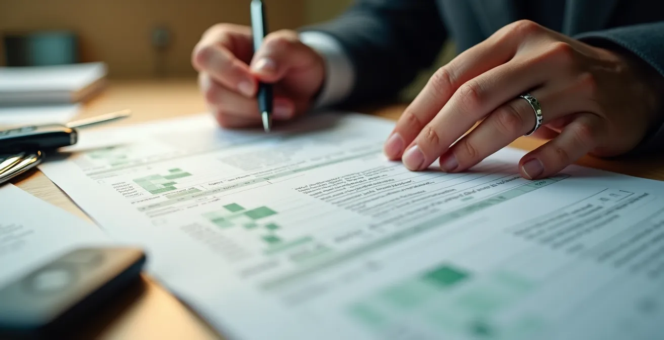 Jeune apprenti consultant des documents d'aide financière avec clés de voiture visible