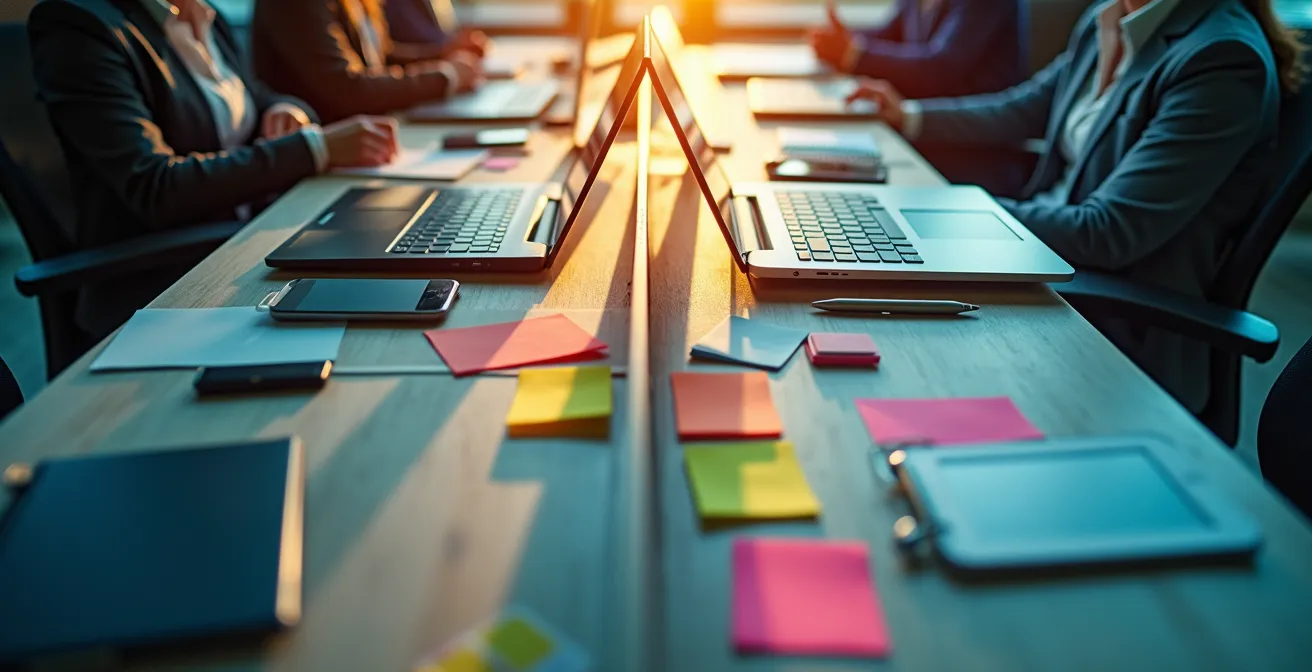 Bureau divisé montrant deux espaces de travail distincts pour symboliser l'alternance