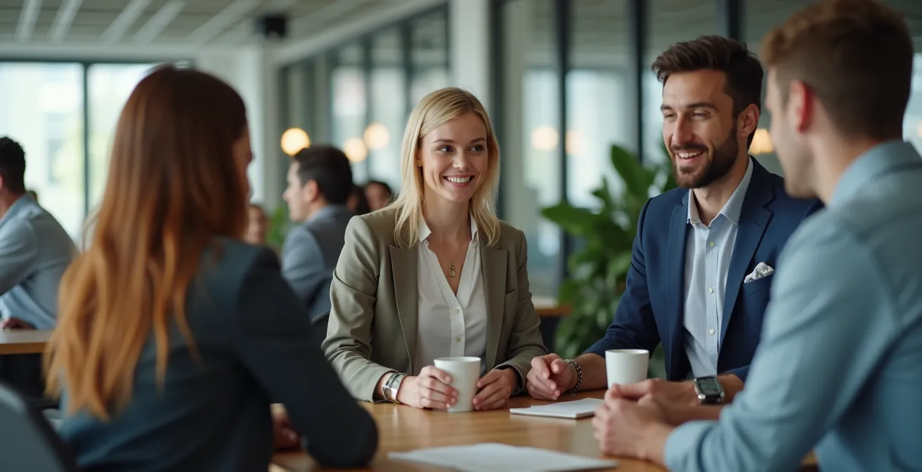Jeune apprenti en conversation détendue avec des collègues autour d'une machine à café
