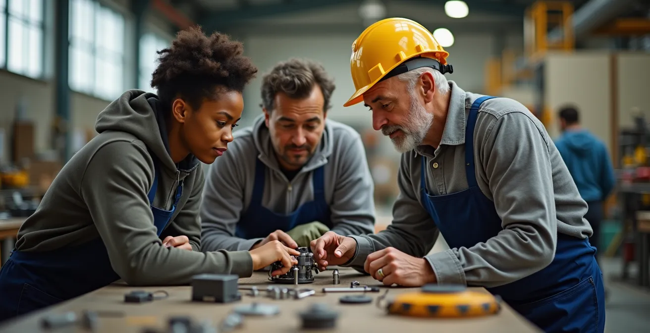 Groupe diversifié d'apprentis de différents âges collaborant autour d'un projet technique
