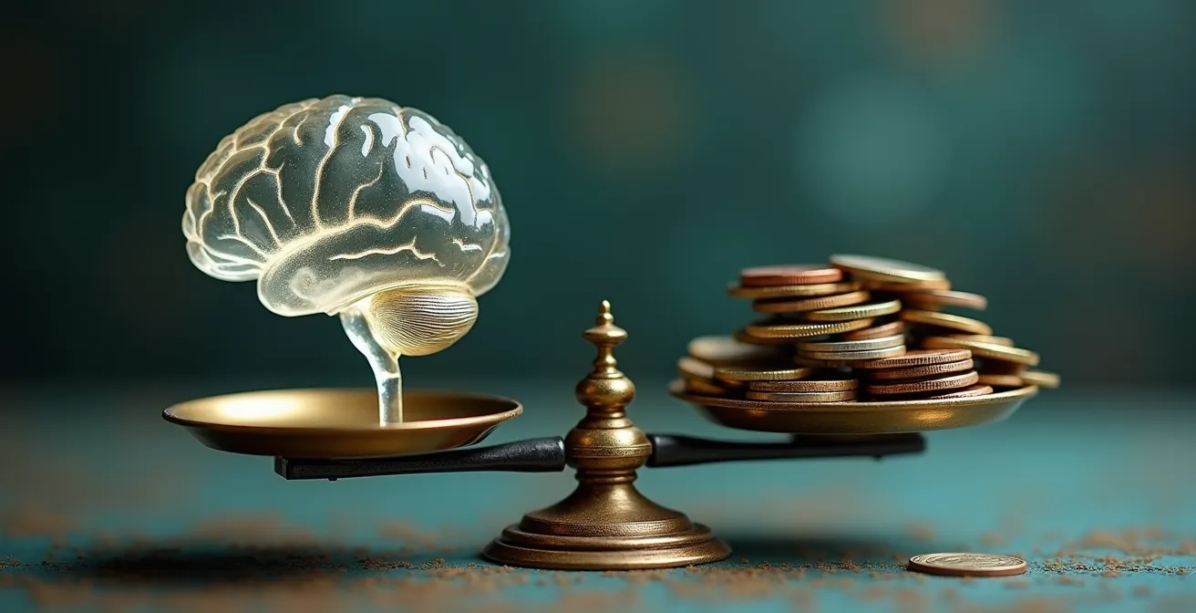 Balance symbolique entre éthique et efficacité commerciale avec représentation abstraite du cerveau