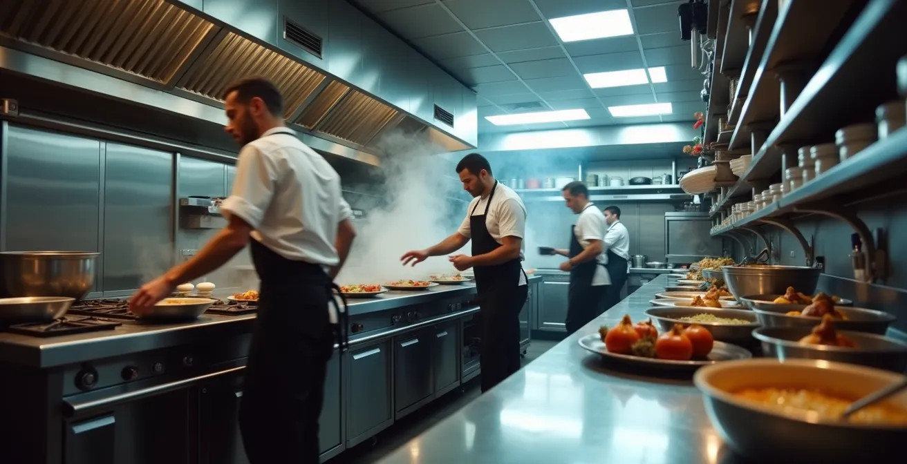 Équipe de cuisine en pleine action montrant la coordination et la communication gestuelle pendant le service