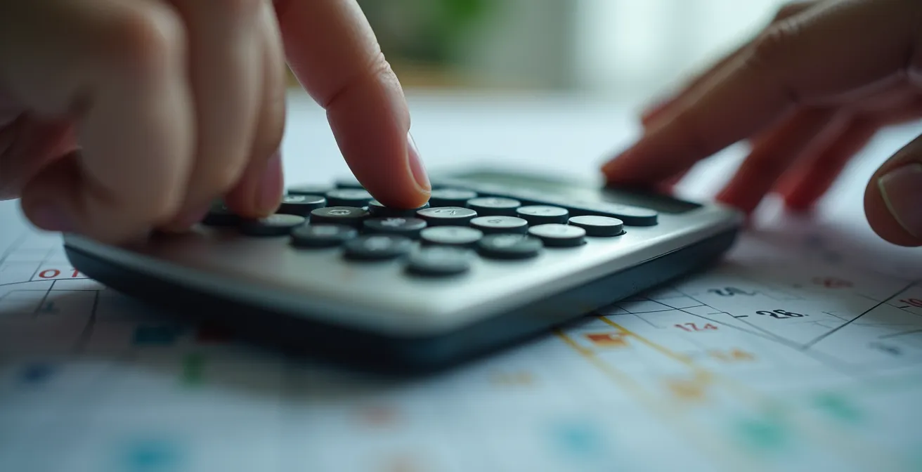 Gros plan sur une main utilisant une calculatrice avec des tableaux de coefficients flous en arrière-plan