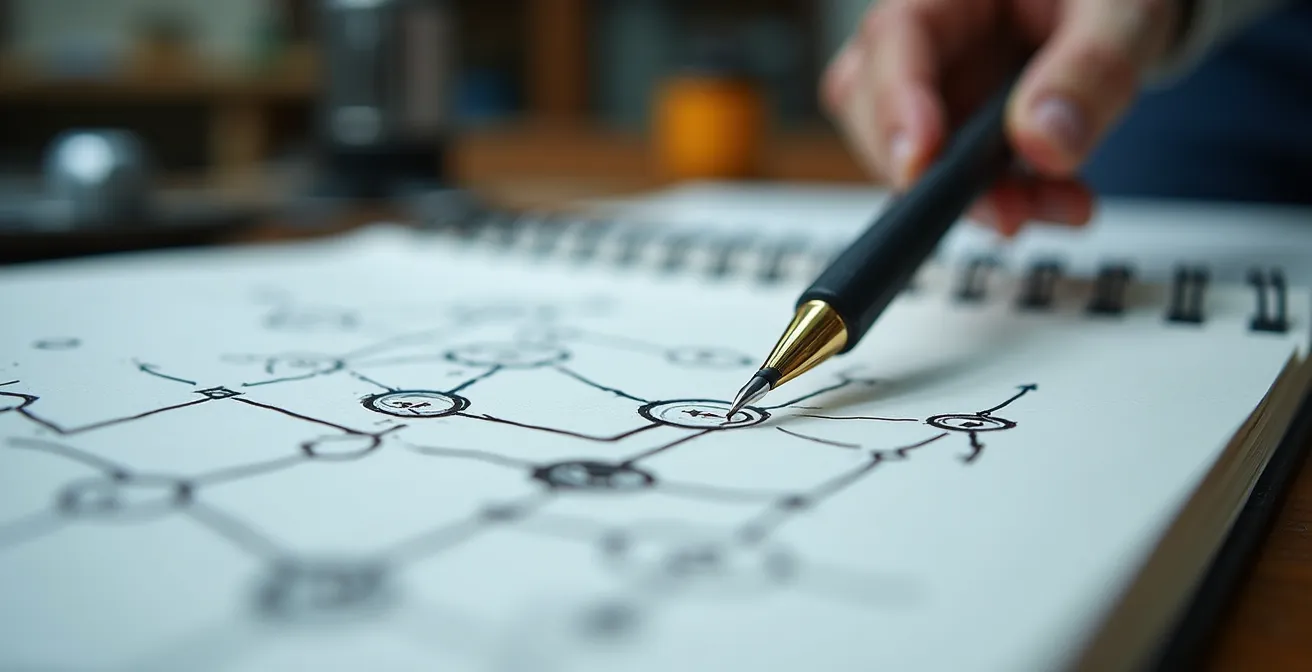 Carnet de notes professionnel avec schémas et idées entrepreneuriales sur bureau d'atelier