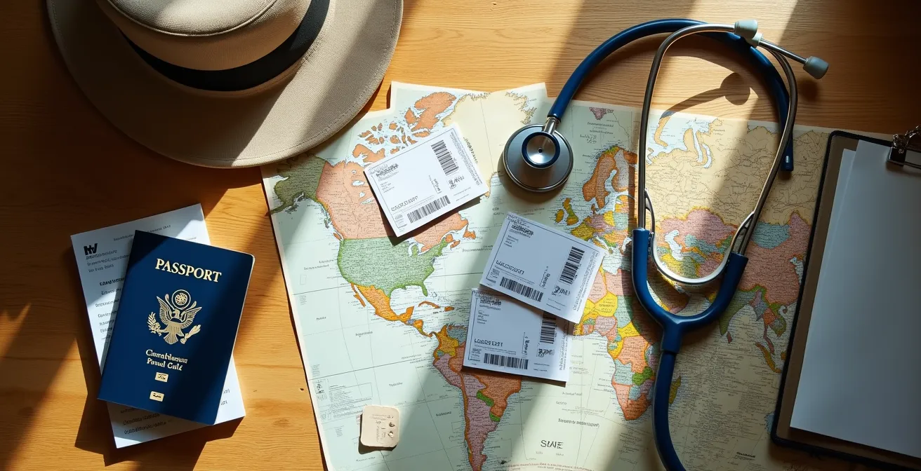 Vue aérienne de documents de voyage éparpillés incluant carte d'assurance, passeport et papiers médicaux