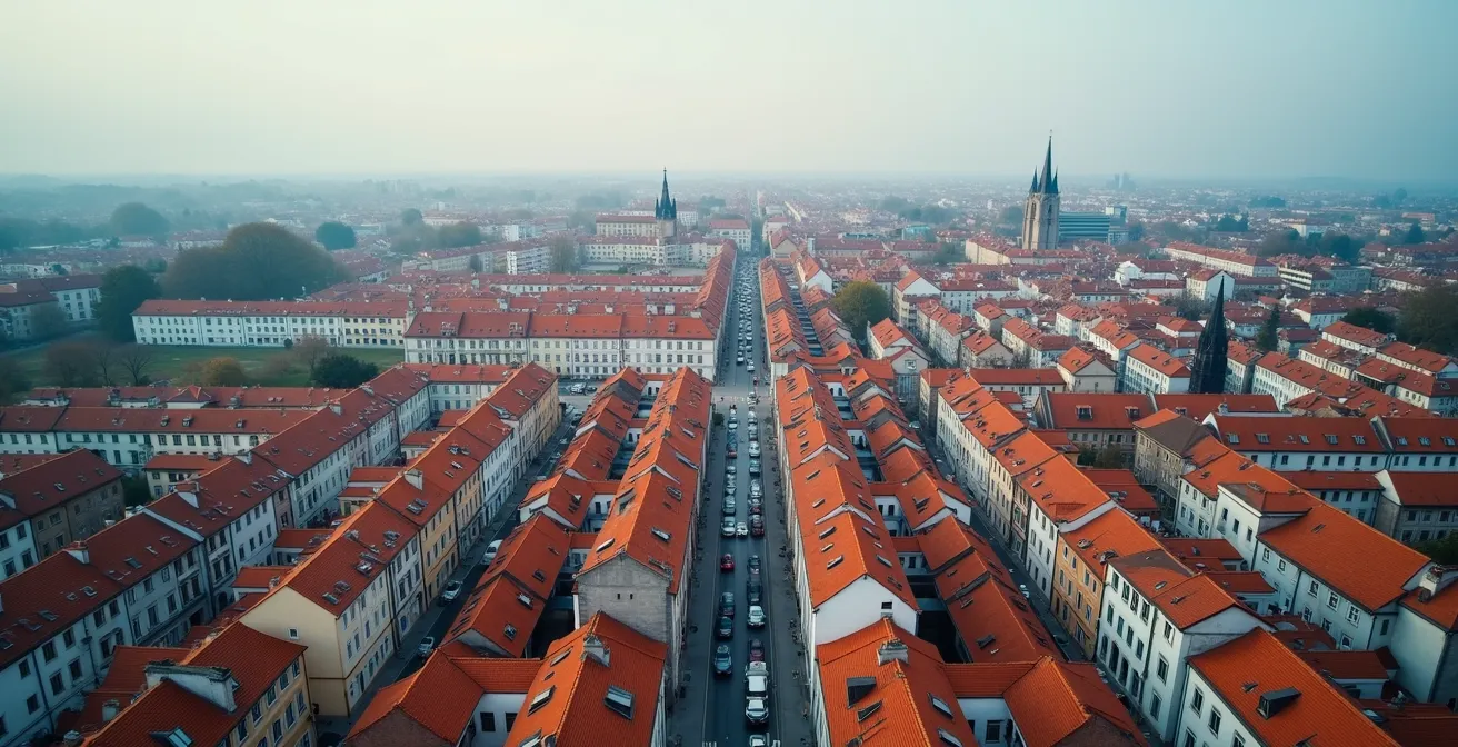 Vue aérienne d'une ville montrant l'évolution urbaine par cercles concentriques de couleurs différentes
