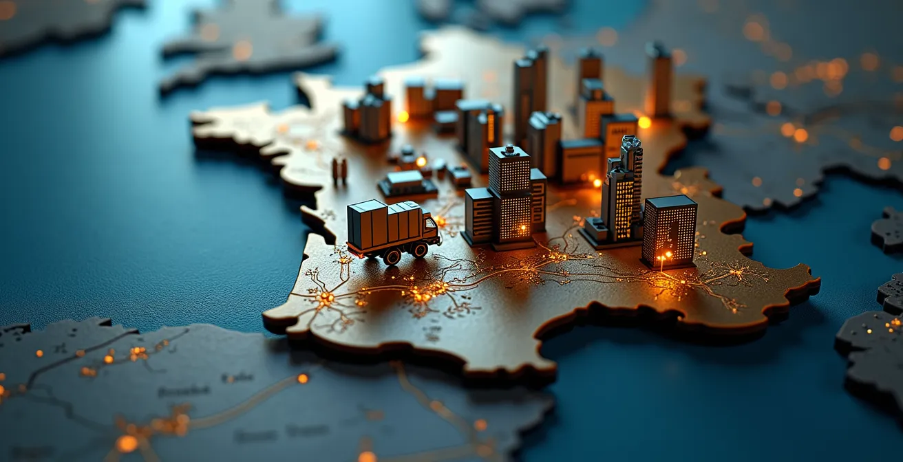 Vue aérienne stylisée montrant différents bassins d'emploi en France avec leurs spécificités