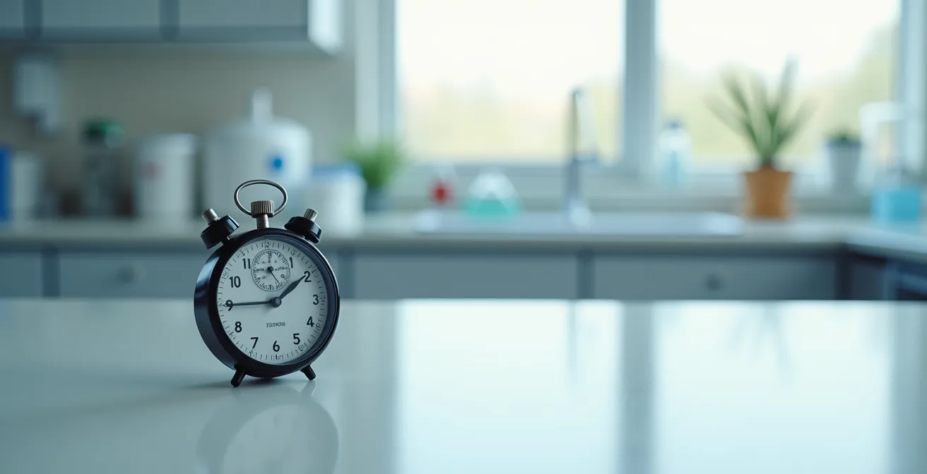 Vue minimaliste d'une paillasse de laboratoire avec un chronomètre au premier plan