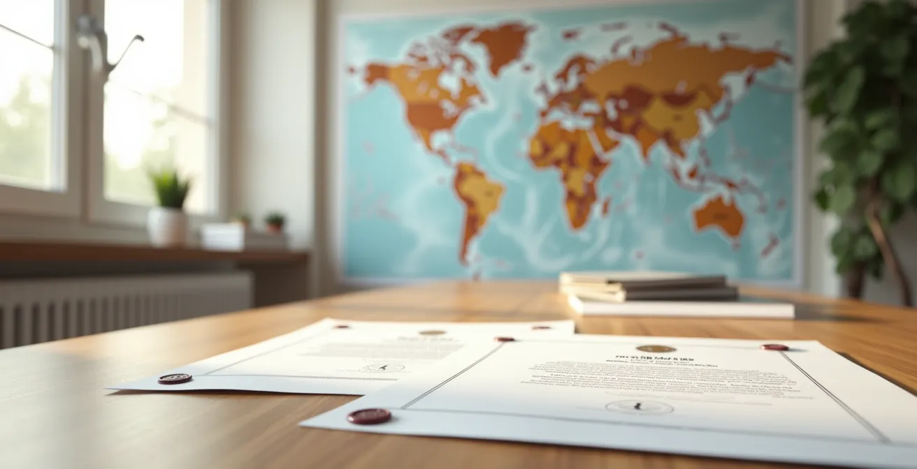 Bureau avec documents d'équivalence de diplômes et carte du monde en arrière-plan