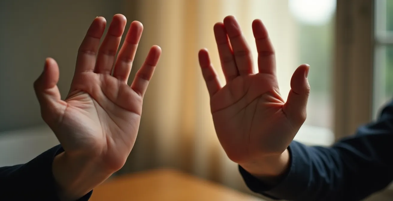 Deux mains tendues dans un geste d'apaisement avec une atmosphère calme et professionnelle