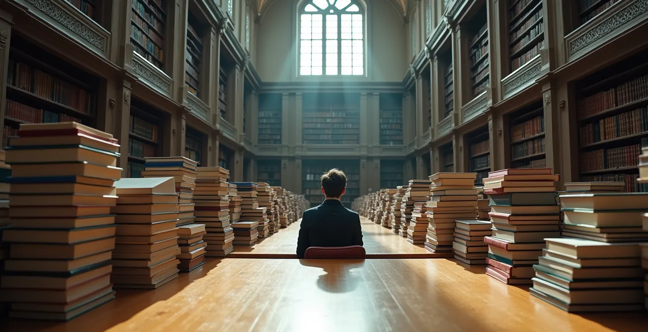 Étudiant littéraire jonglant entre livres de droit et manuels de biologie