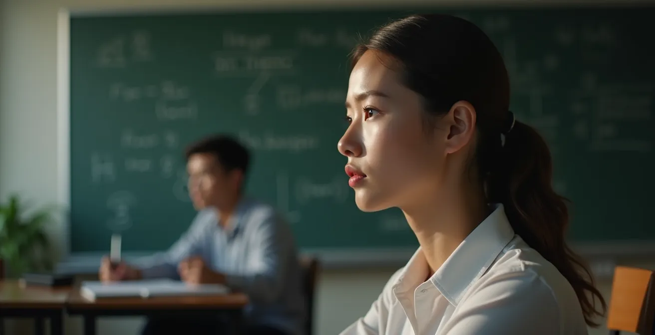 Étudiant en situation d'oral de colle montrant une posture confiante