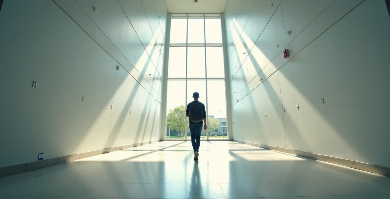 Vue large d'un étudiant seul dans un couloir universitaire lumineux marchant vers la lumière