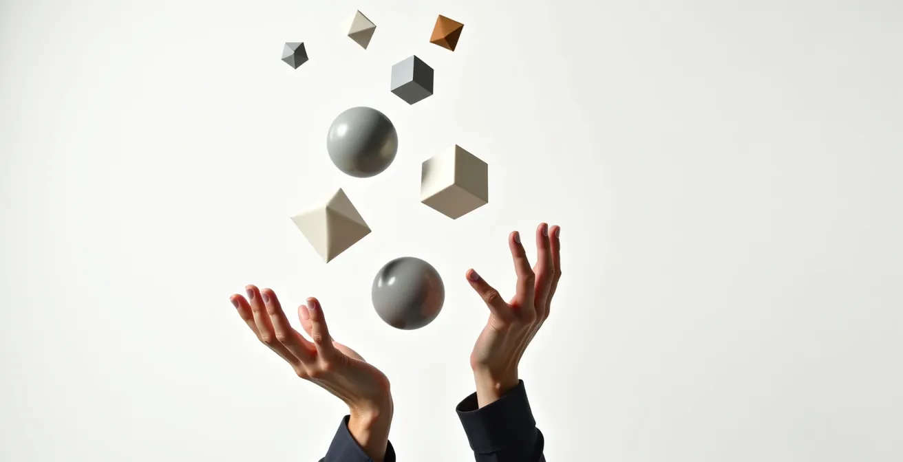 Journaliste pigiste jonglant avec plusieurs projets et factures symbolisant la complexité de la gestion financière.