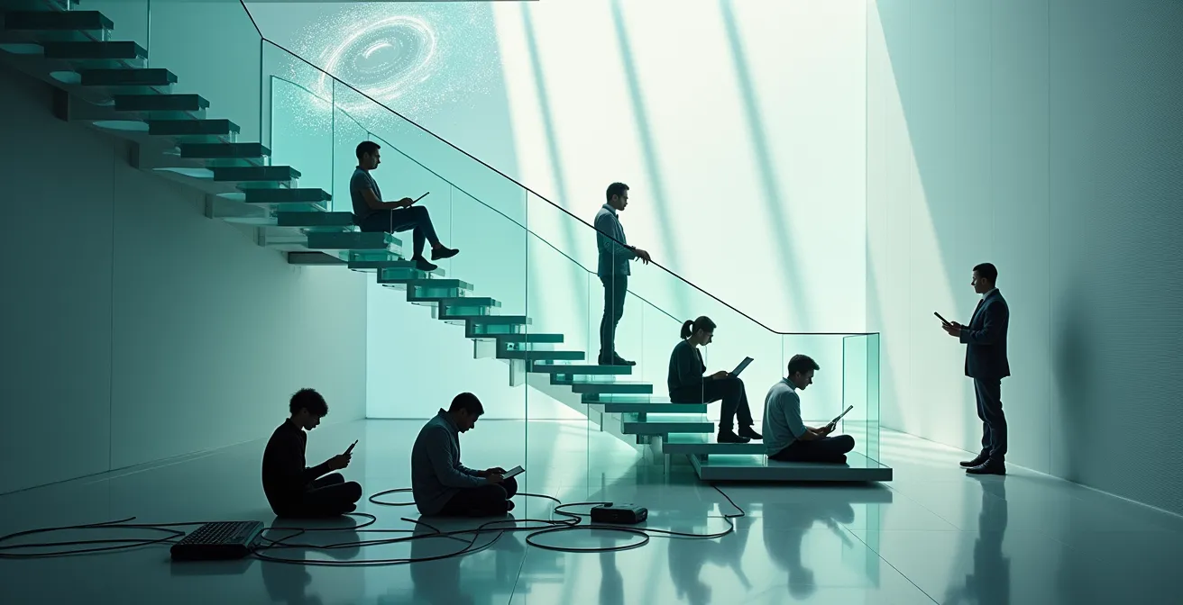 Visualisation métaphorique de la fracture numérique de troisième niveau montrant différents niveaux de compréhension algorithmique