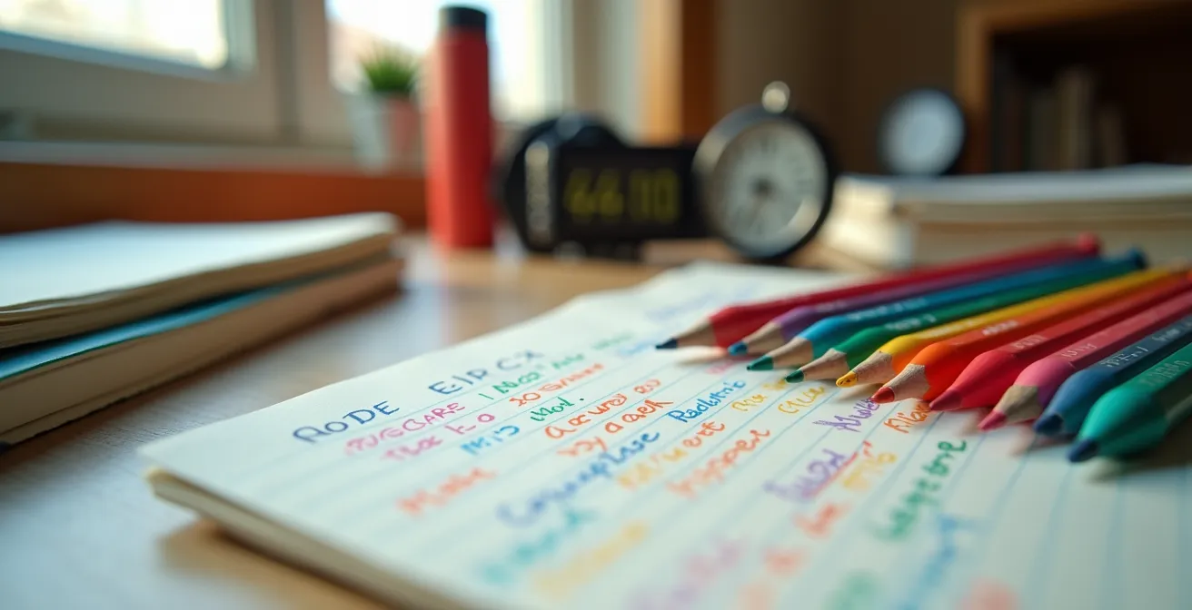 Bureau d'étudiant avec différents outils de travail et méthodes d'apprentissage