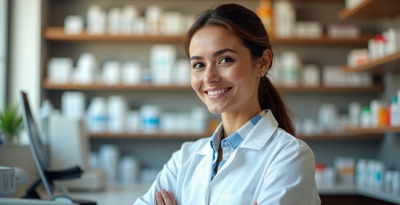 Pharmacien dans son officine moderne, environnement de travail lumineux et professionnel
