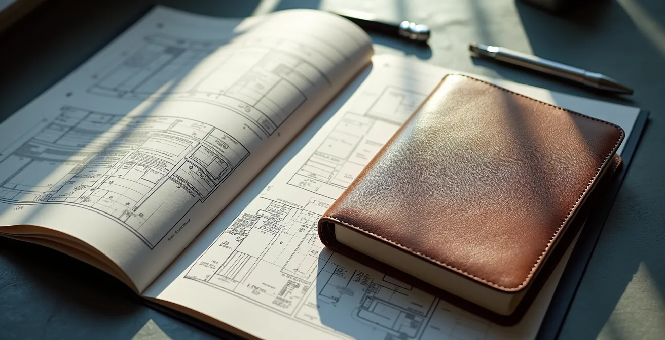 Portfolio professionnel ouvert montrant des réalisations techniques et schémas de processus