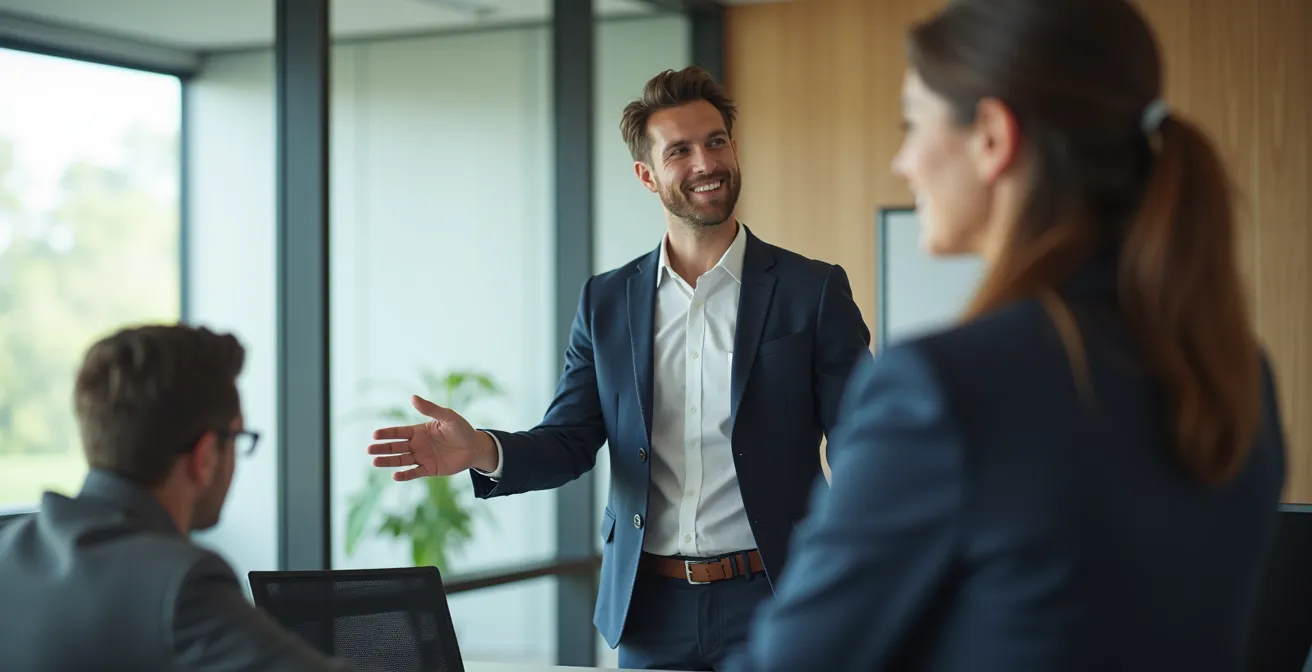 Scène de présentation professionnelle illustrant la posture de consultant expert face à un jury