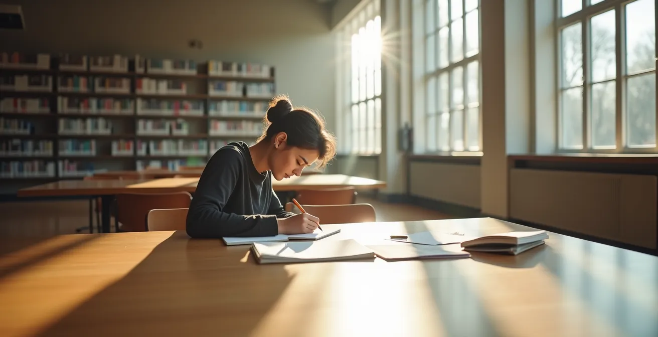 Étudiant écrivant à la main sa lettre de motivation dans un environnement calme et studieux