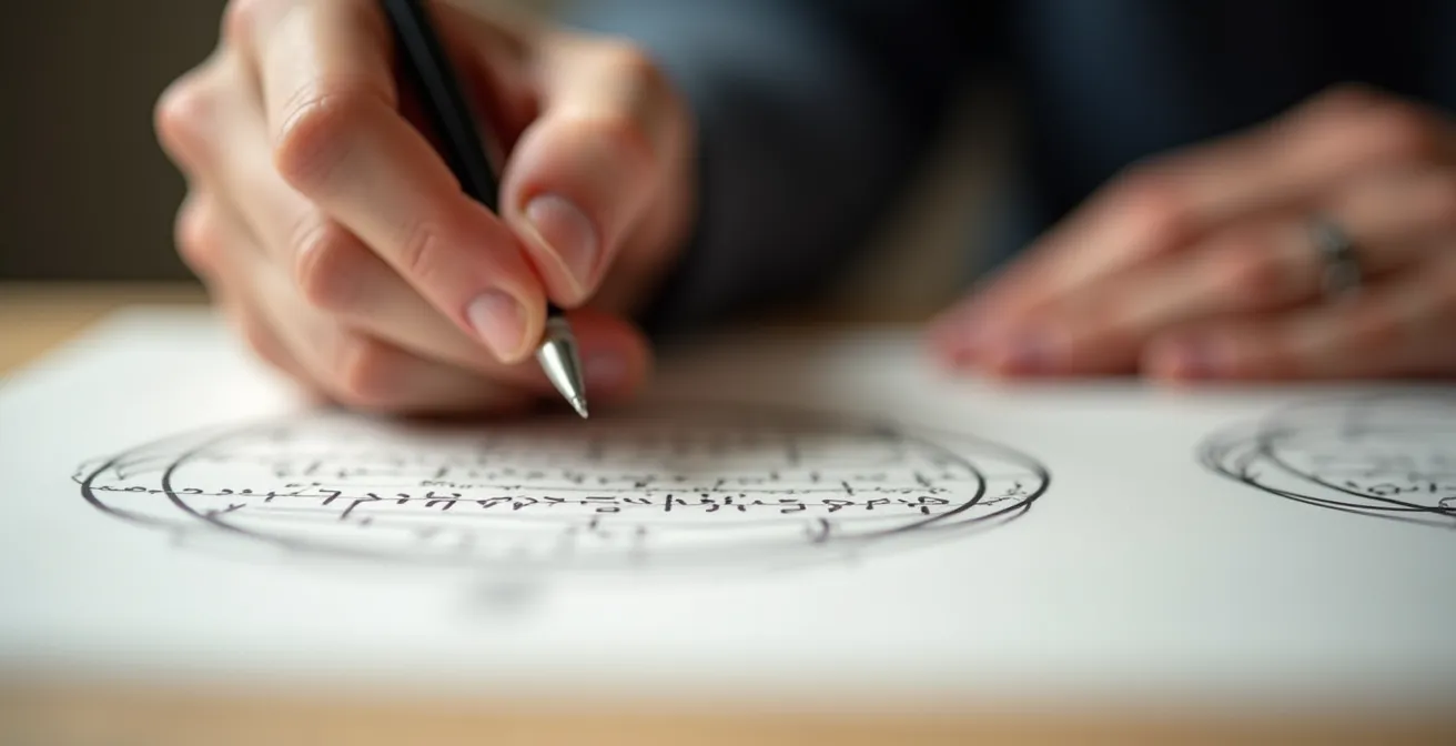 Mains d'un professionnel écrivant des notes factuelles sur un support neutre