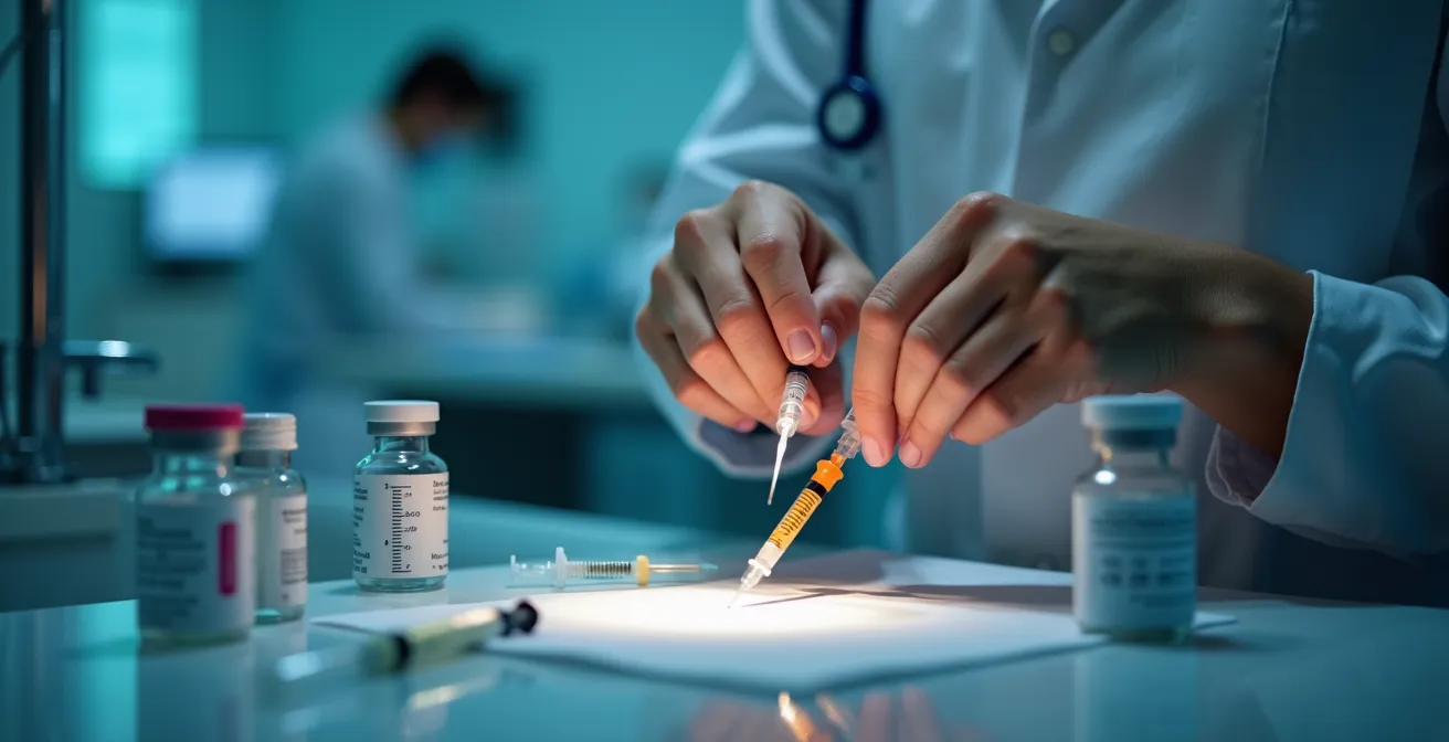 Étudiant infirmier effectuant un calcul de dosage médicamenteux avec concentration extrême