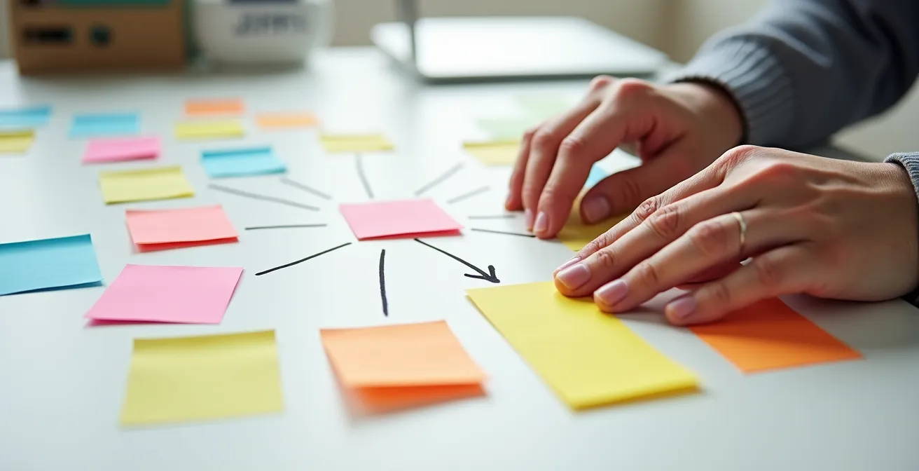 Schéma de pensée visuelle avec flèches et connexions pour structurer une argumentation