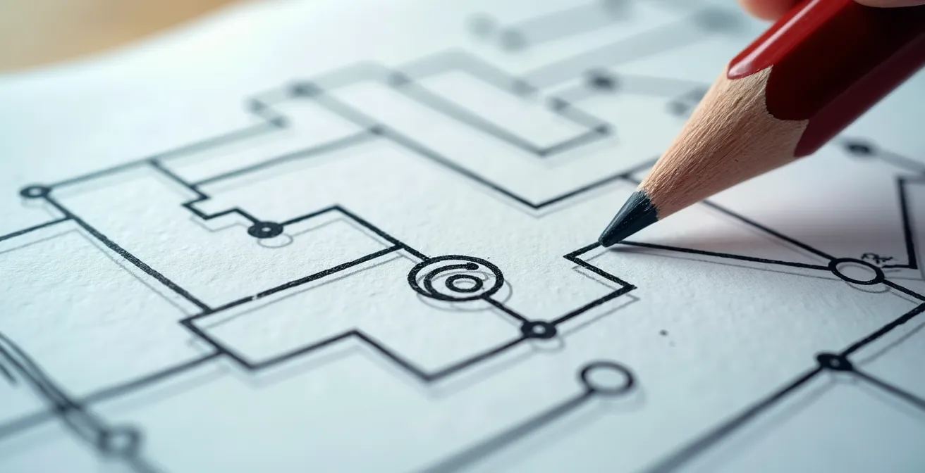 Vue macro d'un schéma électrique dessiné à la main avec règle et crayon sur papier millimétré