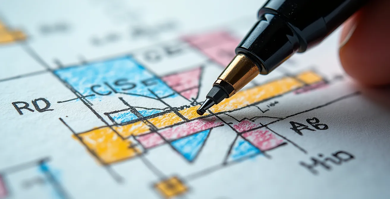 Vue macro d'un schéma technique avec hiérarchie visuelle claire et système d'annotation