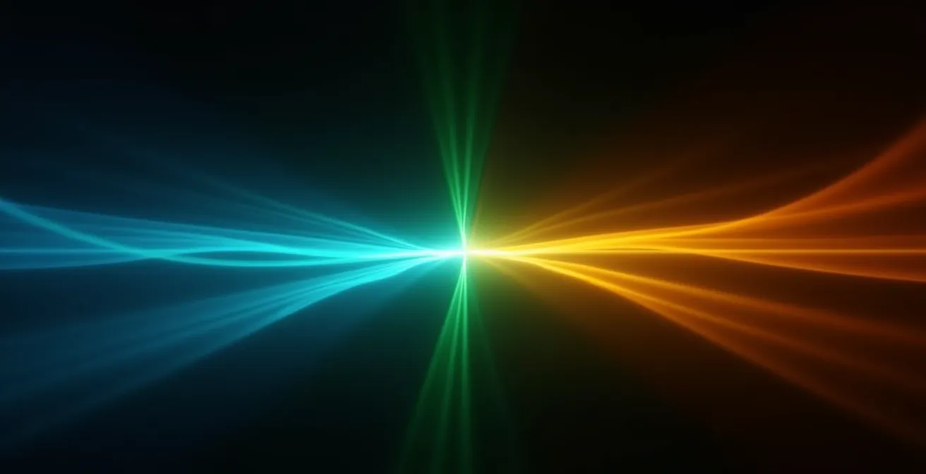 Représentation métaphorique de la synthèse dialectique avec deux flux lumineux convergeant vers un point central