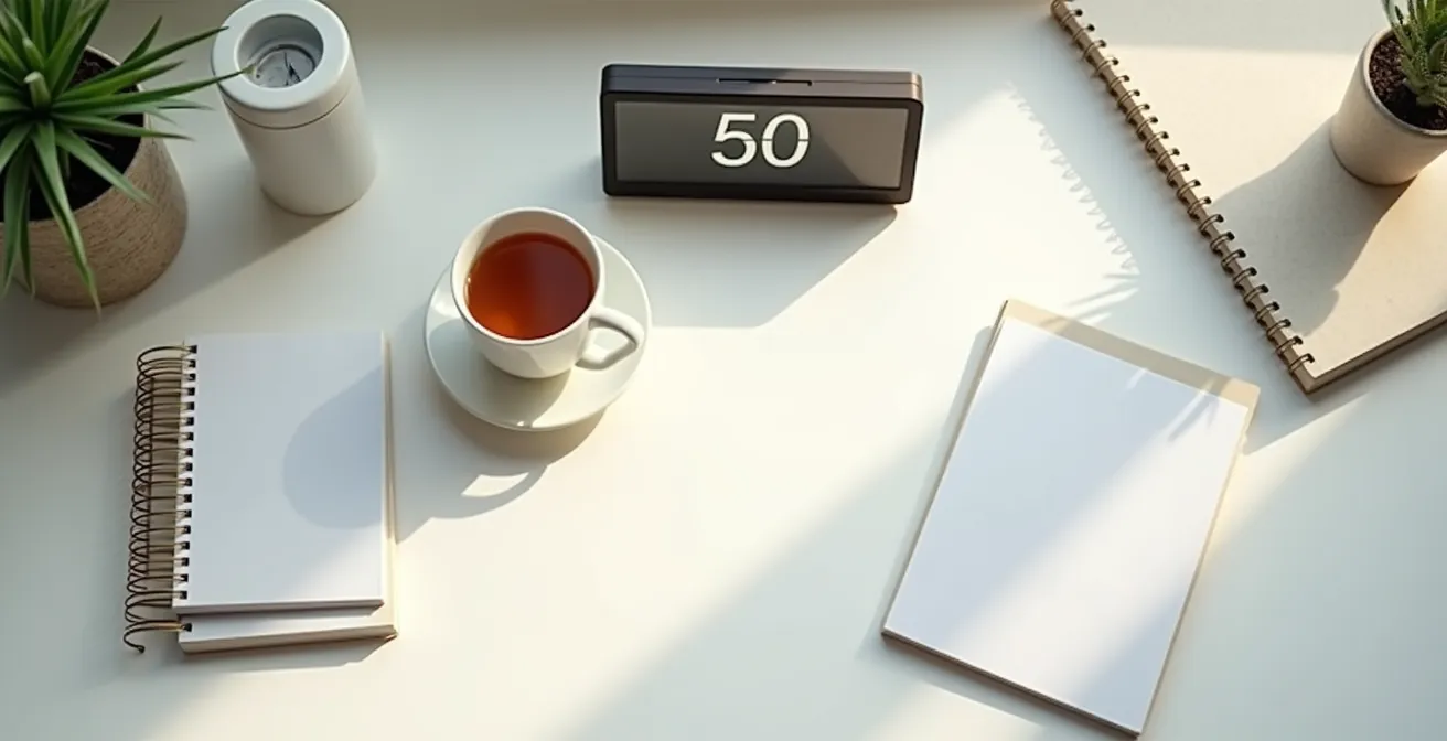 Vue en plongée d'un bureau avec chronomètre et cahiers de révision organisés méthodiquement