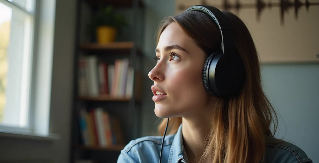 Personne pratiquant la technique du shadowing avec casque audio et miroir