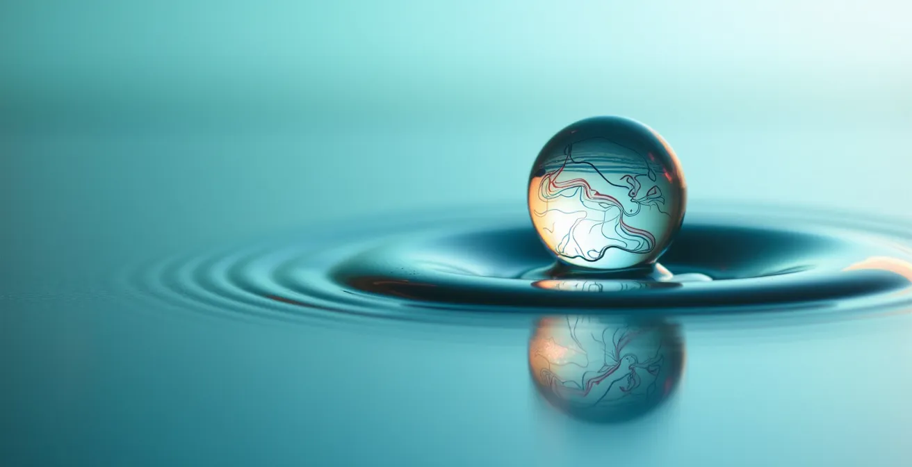 Vue macro d'une goutte d'eau sur une surface avec reflets de carte géographique