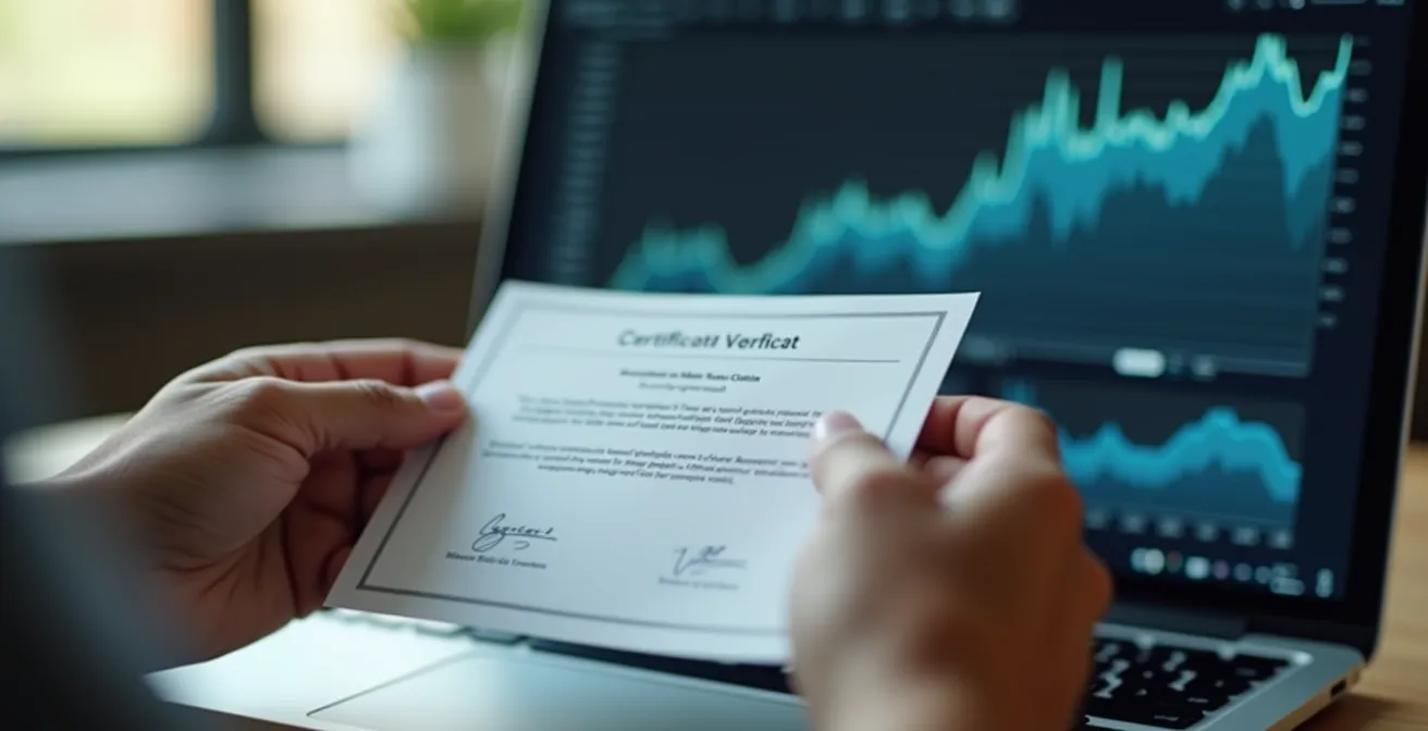 Personne vérifiant la reconnaissance d'un diplôme avec des documents flous en arrière-plan