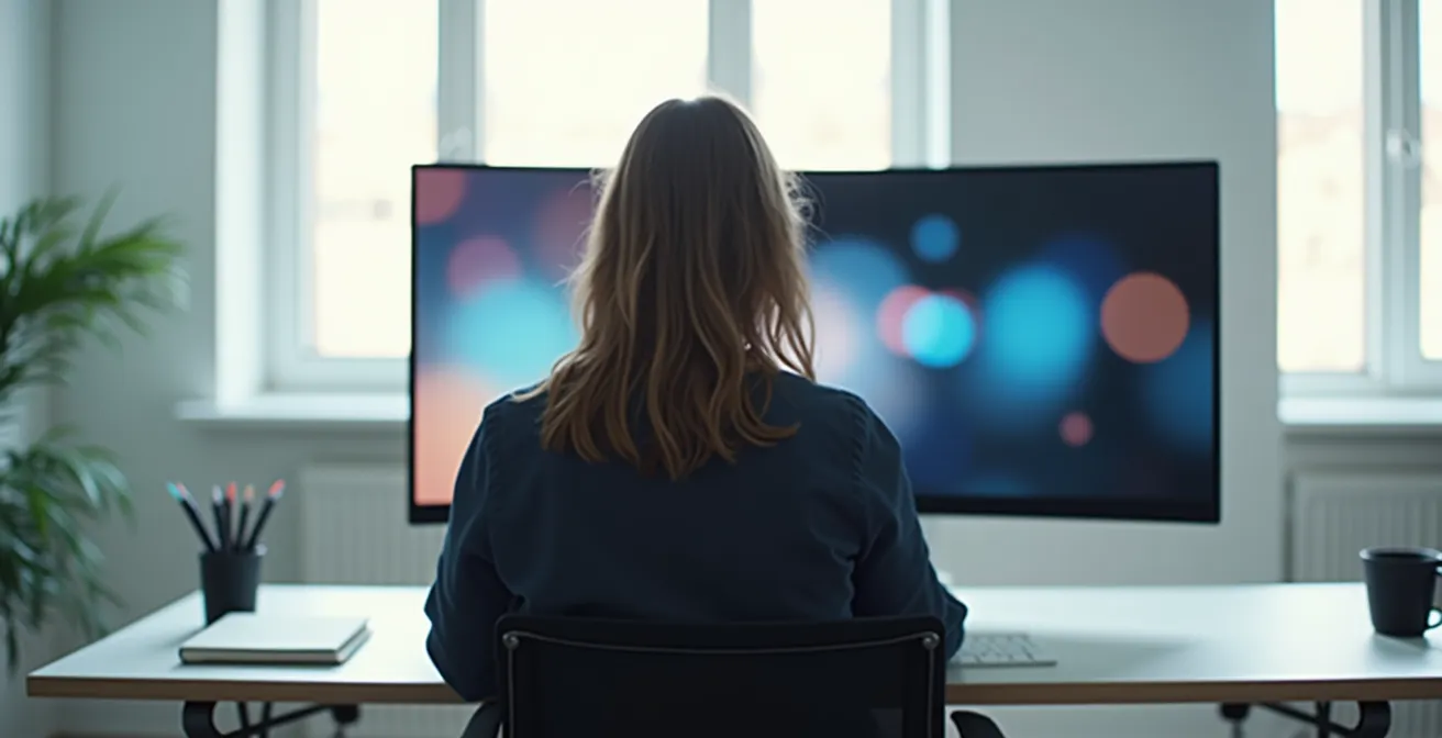 Personne consultant un ordinateur vu de dos avec écran flou